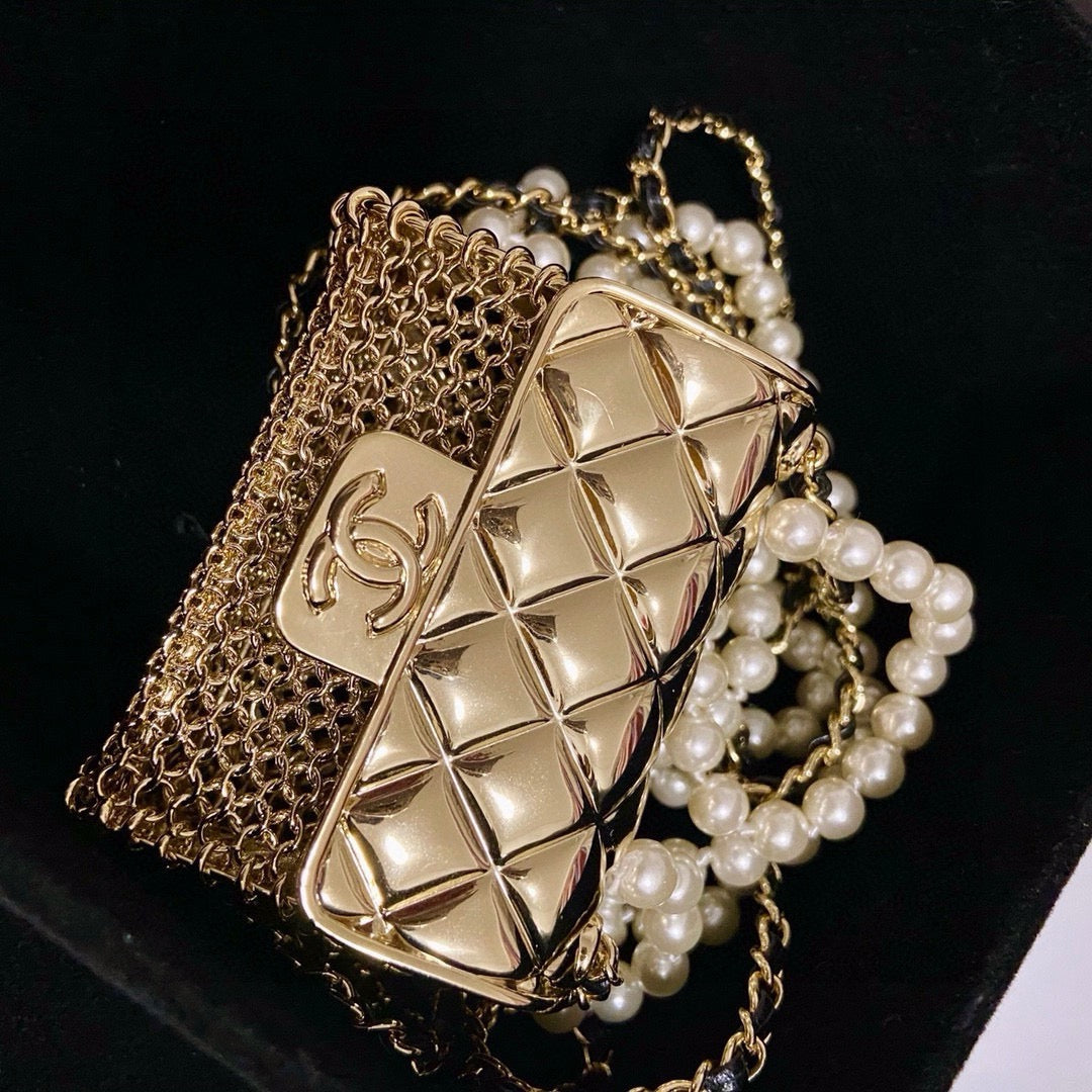 Chanel Mini Quilted Flap Bag Pendant Pearl Leather Chain Necklace