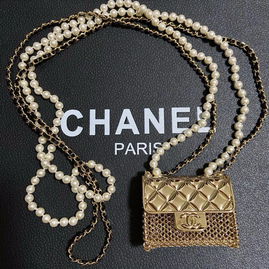 Chanel Mini Quilted Flap Bag Pendant Pearl Leather Chain Necklace