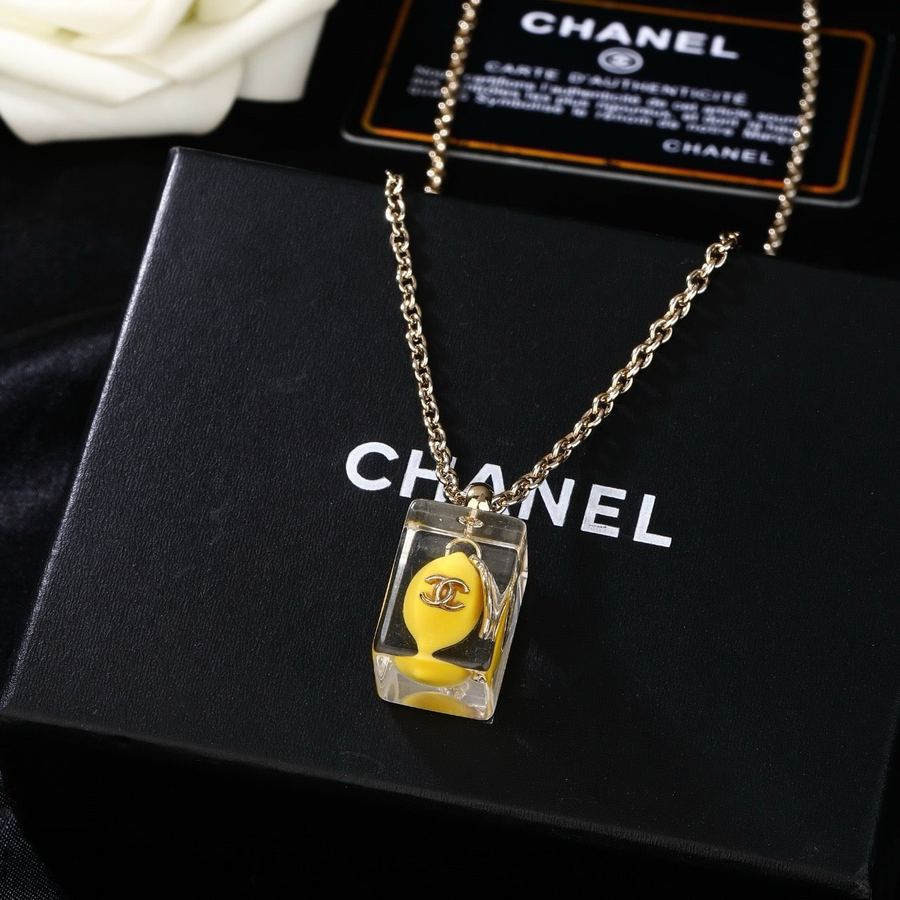 Chanel Clear Lucite Ice Cube Yellow Mini Bag Pendant Necklace