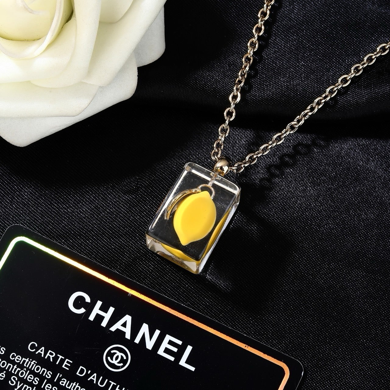 Chanel Clear Lucite Ice Cube Yellow Mini Bag Pendant Necklace