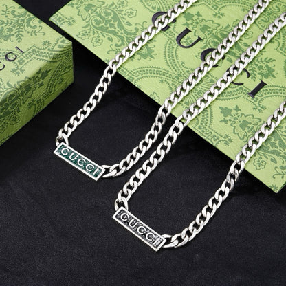 Gucci Interlocking Curb Chain Green Enamel Logo Bar Pendant Necklace