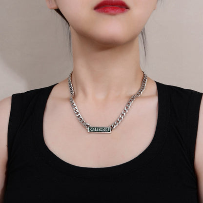 Gucci Interlocking Curb Chain Green Enamel Logo Bar Pendant Necklace