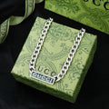 Gucci Interlocking Curb Chain Green Enamel Logo Bar Pendant Necklace