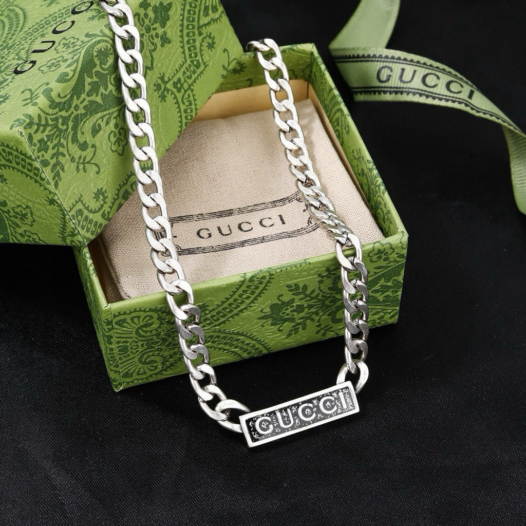 Gucci Interlocking Curb Chain Green Enamel Logo Bar Pendant Necklace