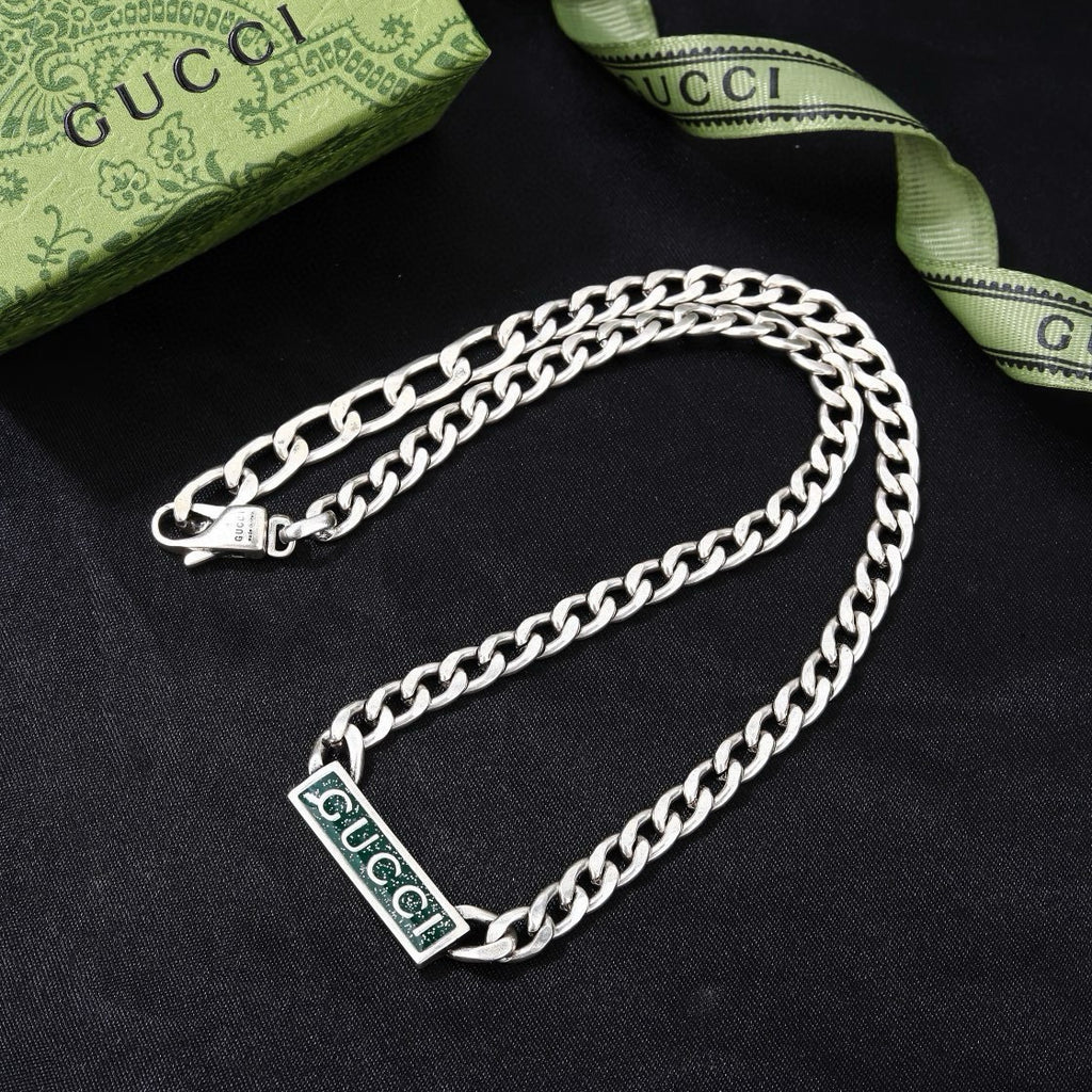 Gucci Interlocking Curb Chain Green Enamel Logo Bar Pendant Necklace