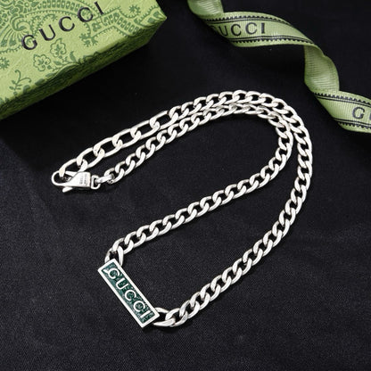 Gucci Interlocking Curb Chain Green Enamel Logo Bar Pendant Necklace