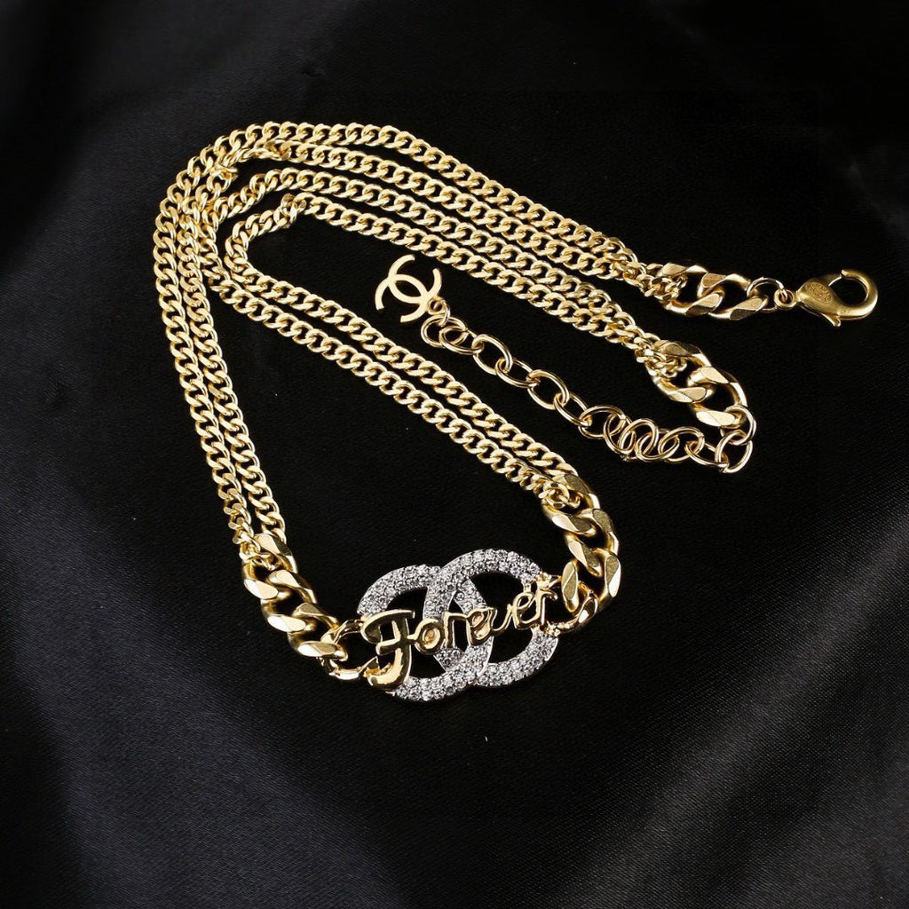 Chanel Crystal Double CC Forever Lettering Gold Curb Chain Necklace