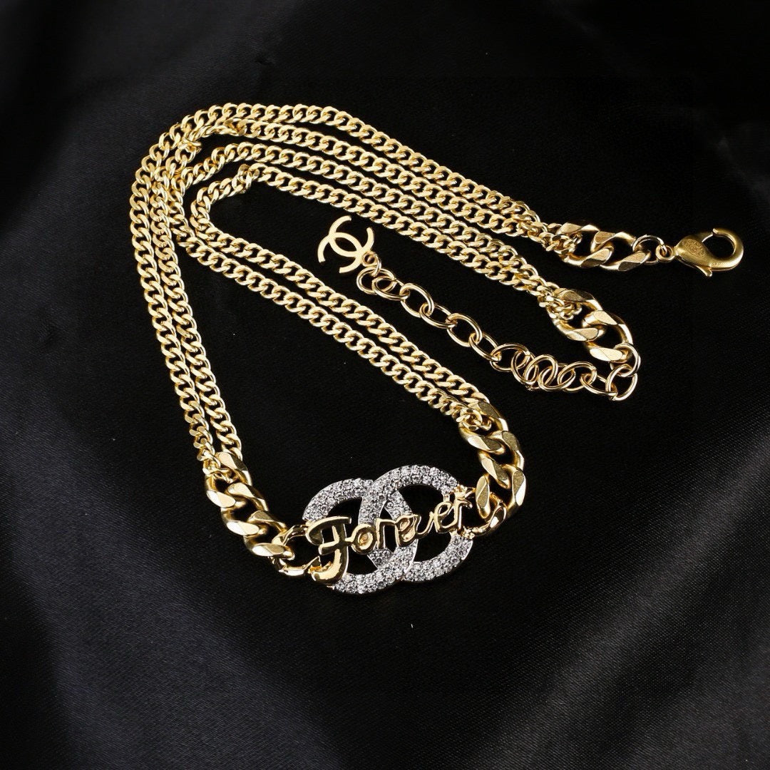 Chanel Crystal Double CC Forever Lettering Gold Curb Chain Necklace