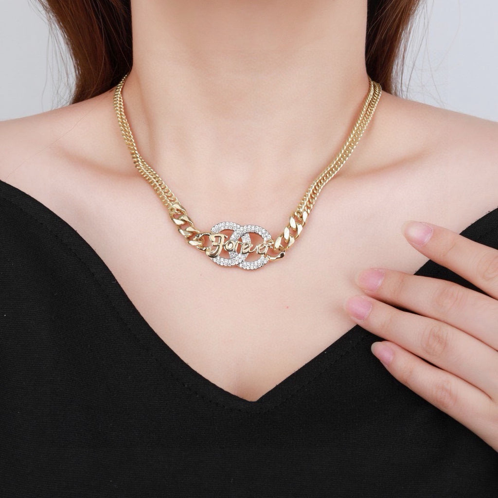 Chanel Crystal Double CC Forever Lettering Gold Curb Chain Necklace