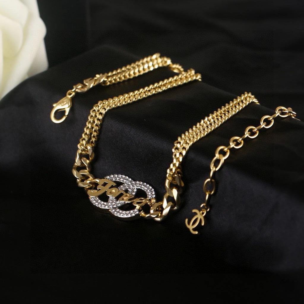 Chanel Crystal Double CC Forever Lettering Gold Curb Chain Necklace