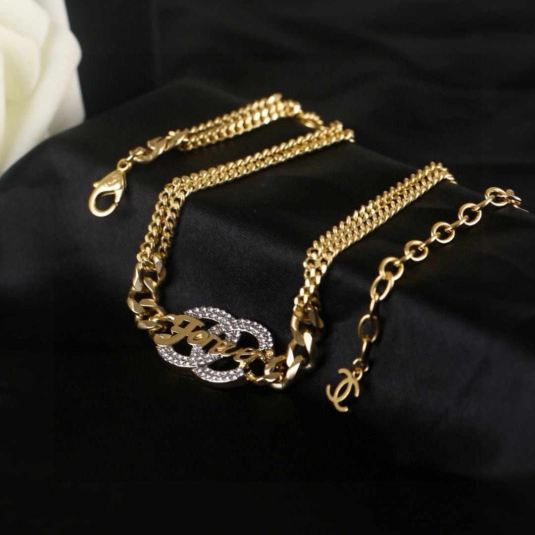 Chanel Crystal Double CC Forever Lettering Gold Curb Chain Necklace