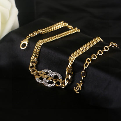 Chanel Crystal Double CC Forever Lettering Gold Curb Chain Necklace