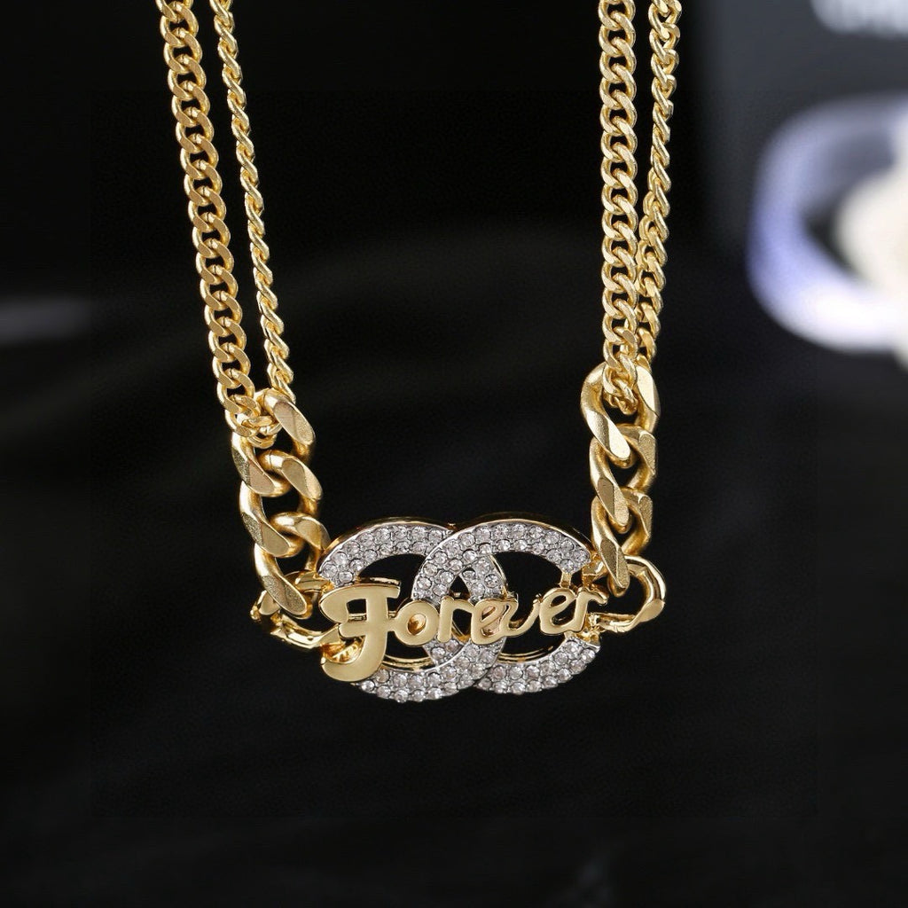 Chanel Crystal Double CC Forever Lettering Gold Curb Chain Necklace