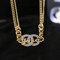 Chanel Crystal Double CC Forever Lettering Gold Curb Chain Necklace