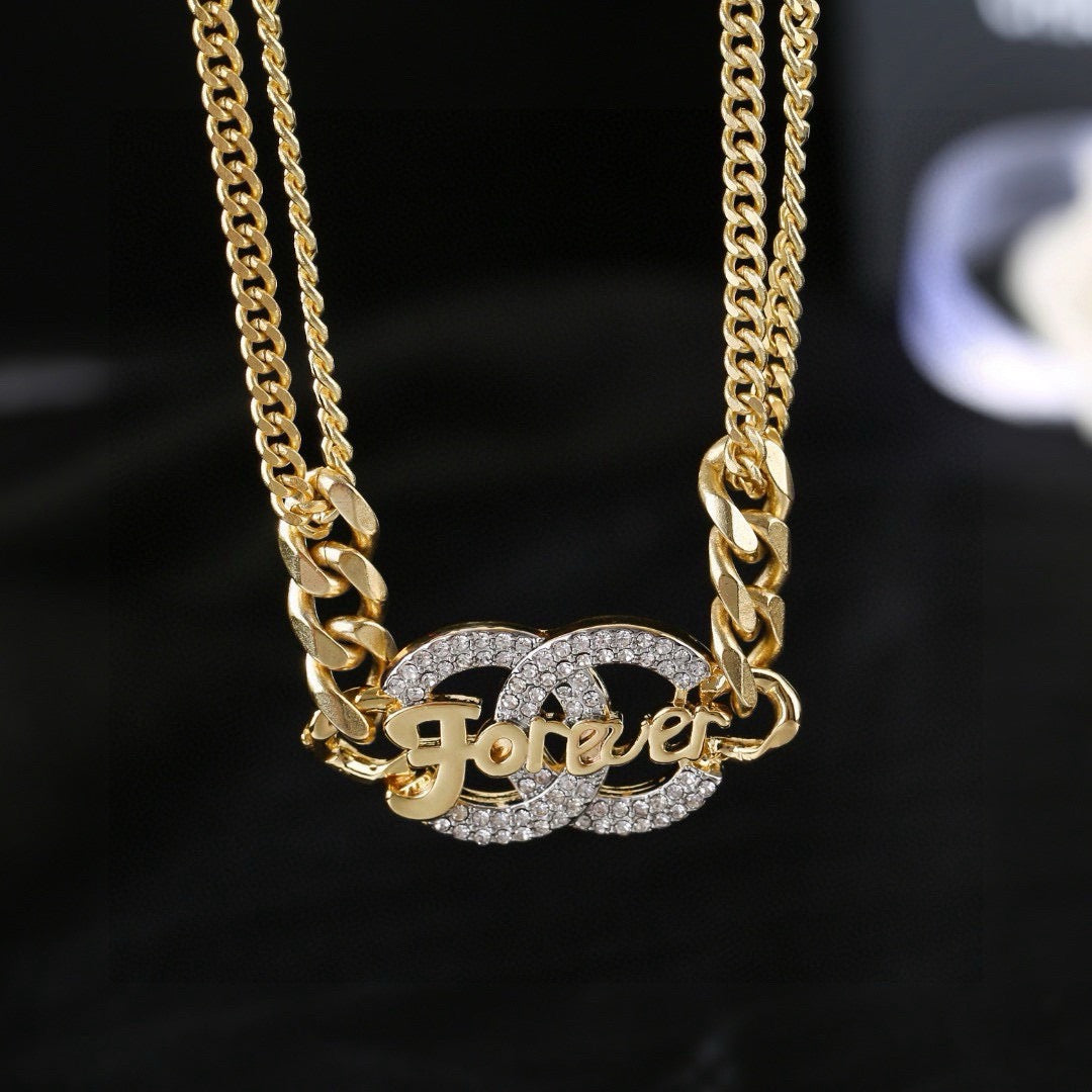 Chanel Crystal Double CC Forever Lettering Gold Curb Chain Necklace