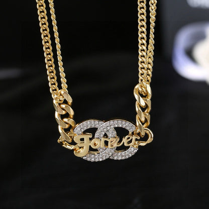 Chanel Crystal Double CC Forever Lettering Gold Curb Chain Necklace