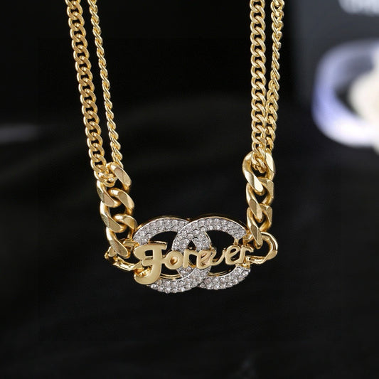 Chanel Crystal Double CC Forever Lettering Gold Curb Chain Necklace