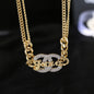 Chanel Crystal Double CC Forever Lettering Gold Curb Chain Necklace