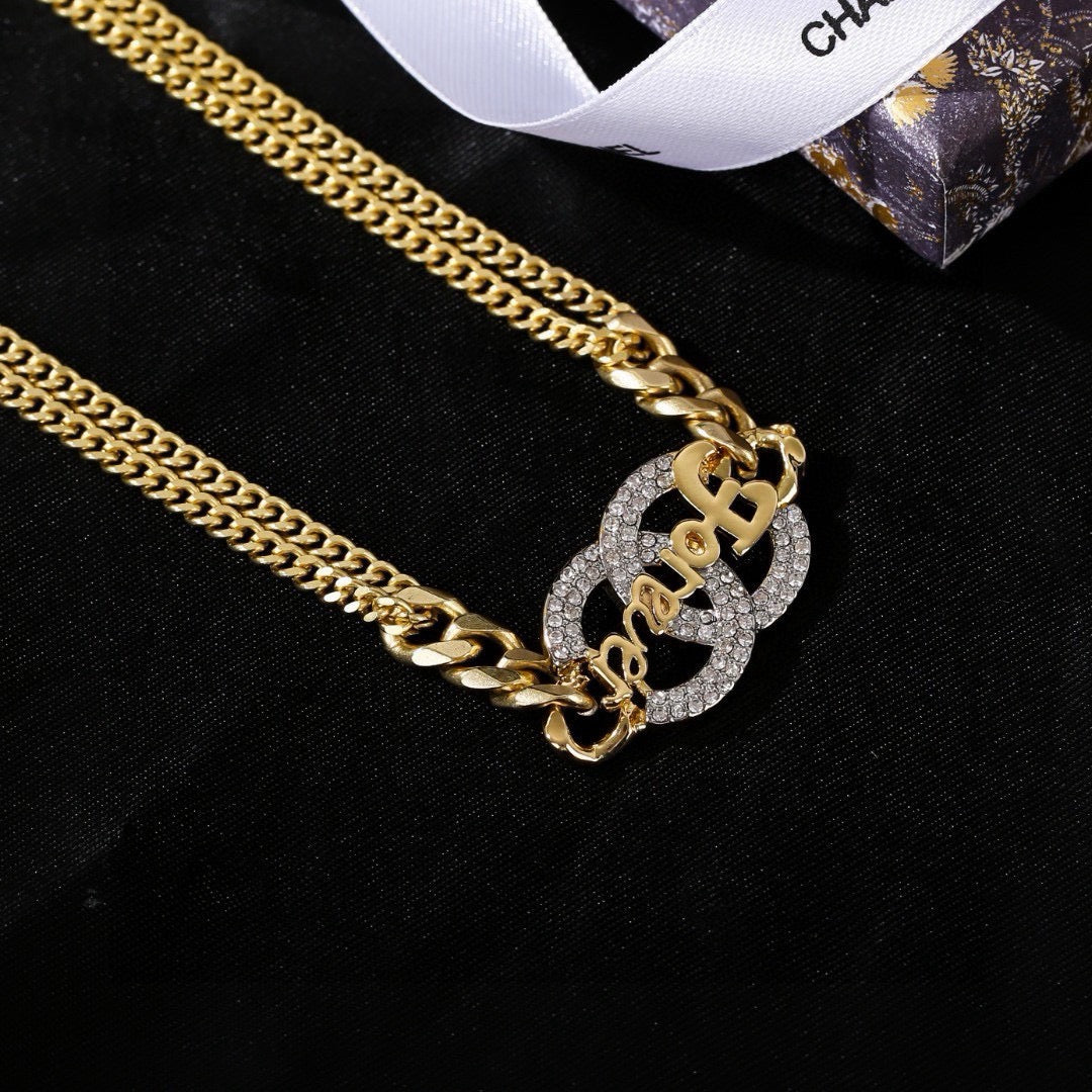 Chanel Crystal Double CC Forever Lettering Gold Curb Chain Necklace