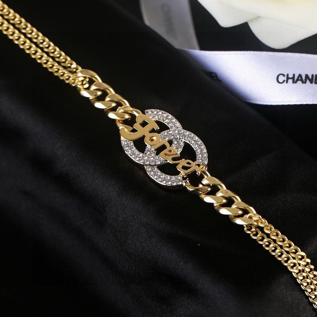 Chanel Crystal Double CC Forever Lettering Gold Curb Chain Necklace
