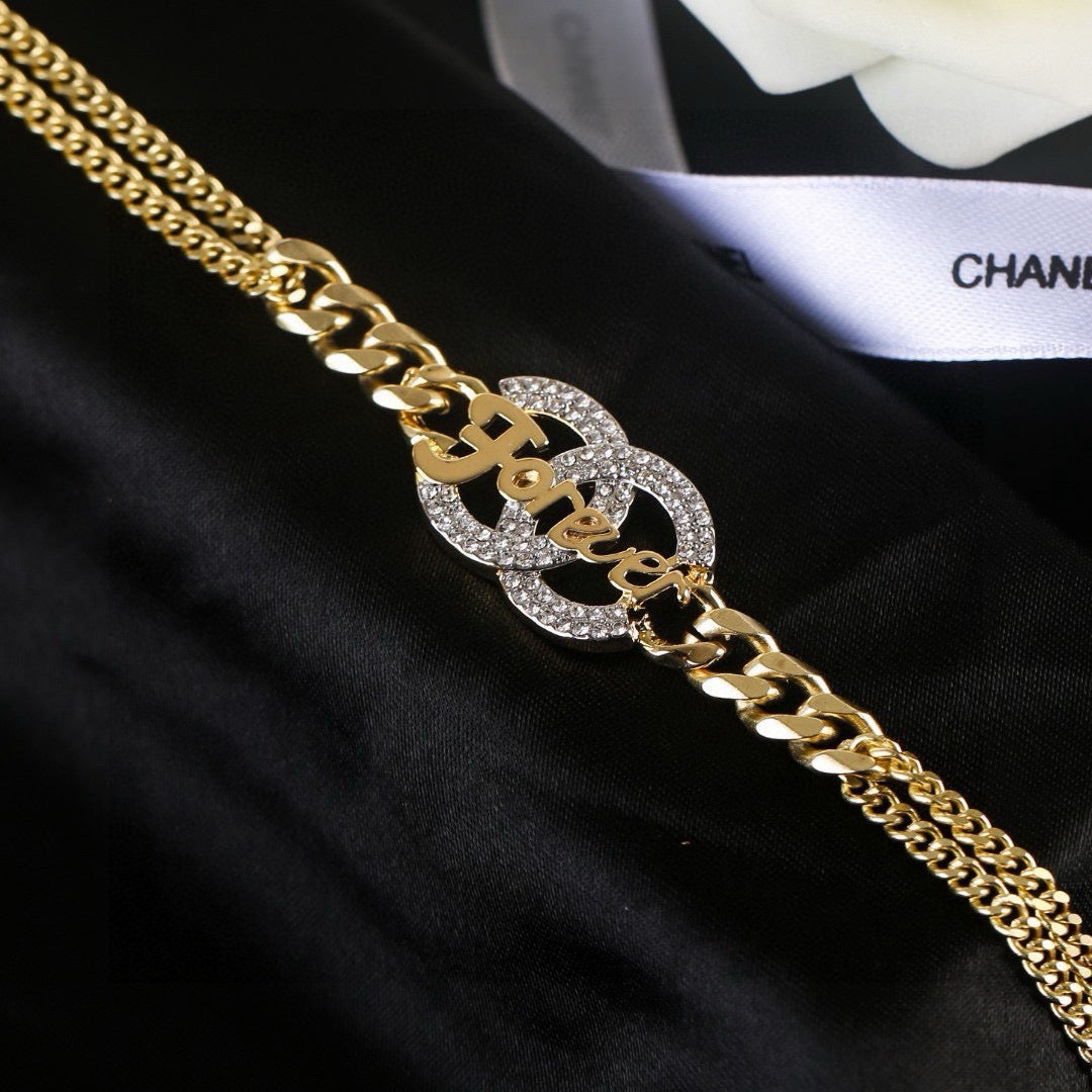 Chanel Crystal Double CC Forever Lettering Gold Curb Chain Necklace