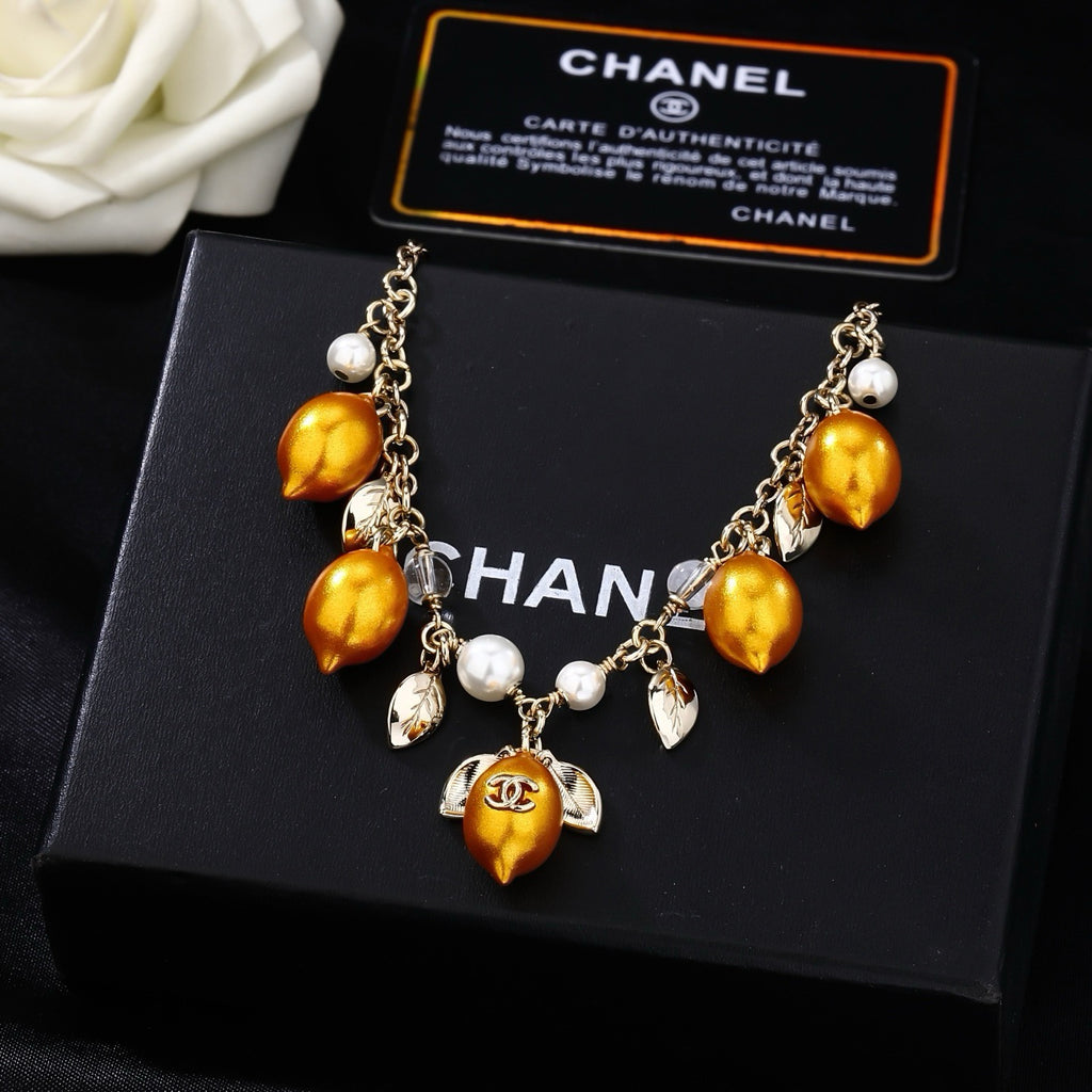 Chanel Mediterranean Matte Gold Lemon Pearl Charm Statement Necklace