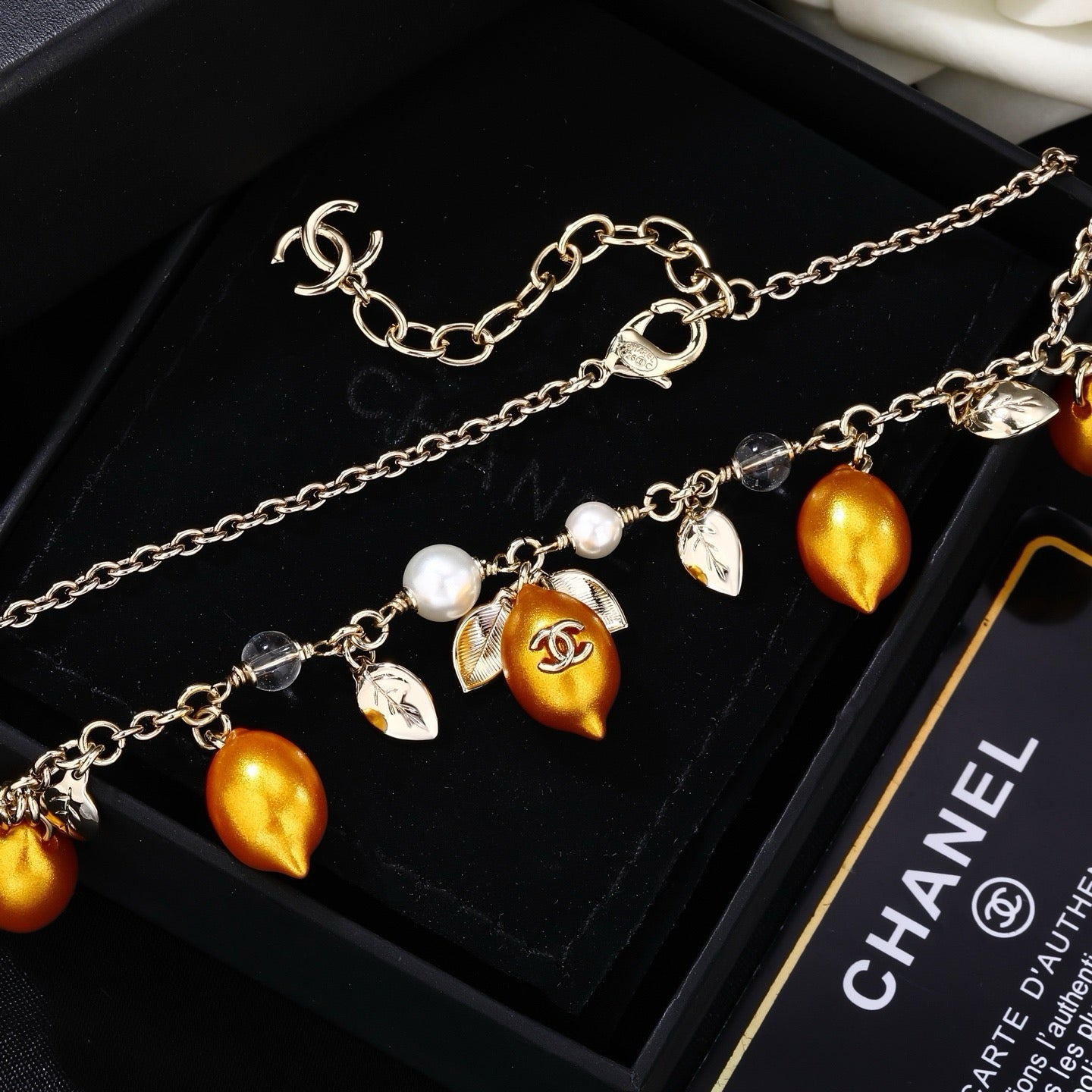 Chanel Mediterranean Matte Gold Lemon Pearl Charm Statement Necklace