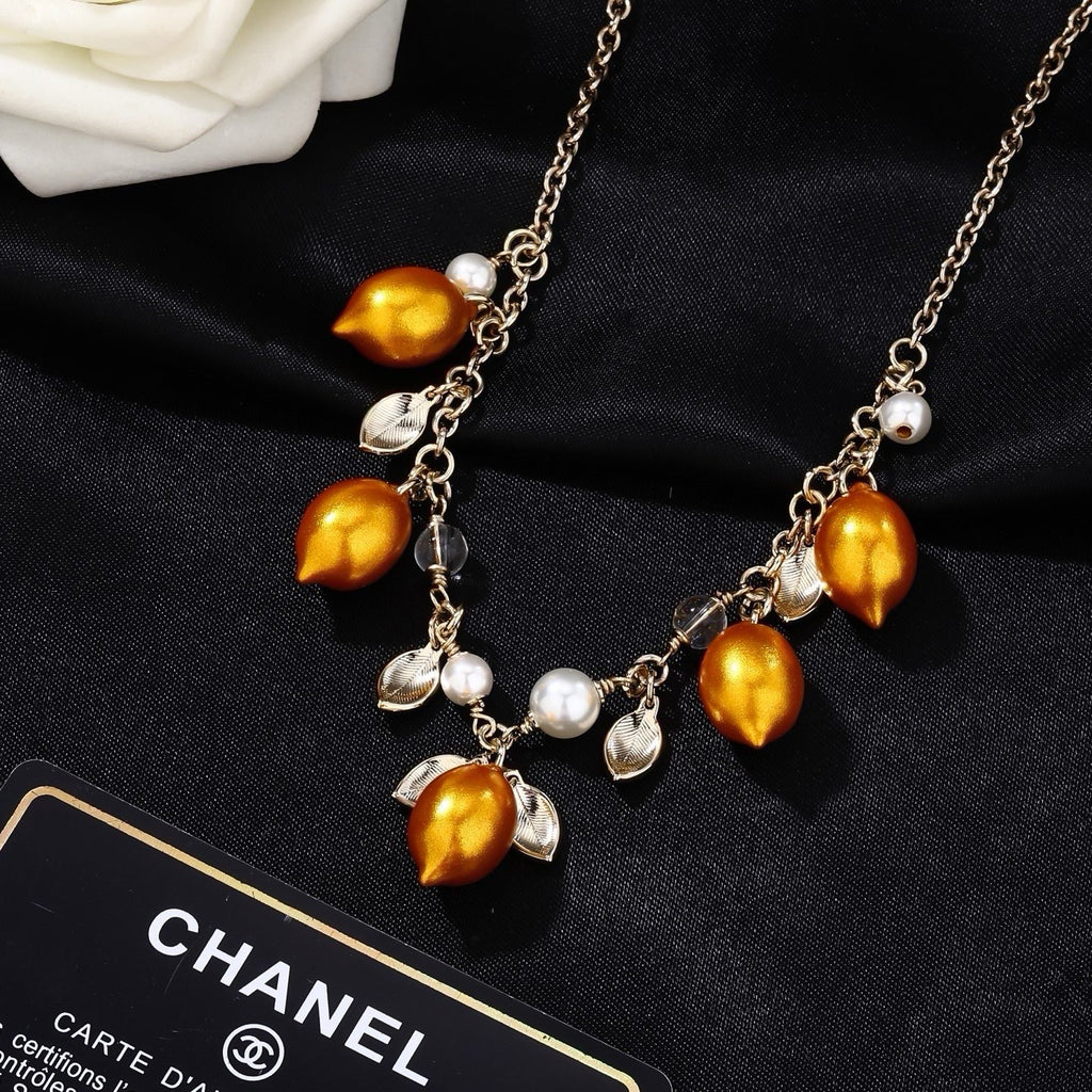 Chanel Mediterranean Matte Gold Lemon Pearl Charm Statement Necklace
