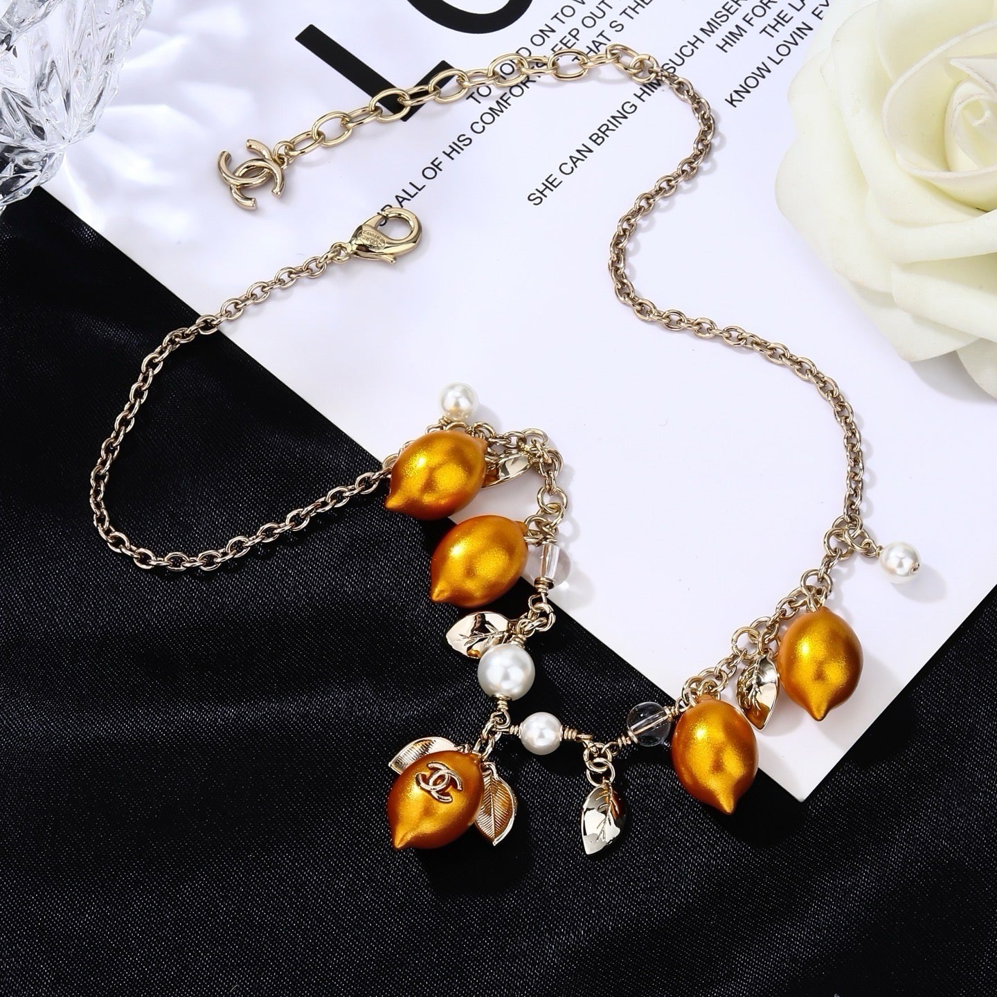 Chanel Mediterranean Matte Gold Lemon Pearl Charm Statement Necklace