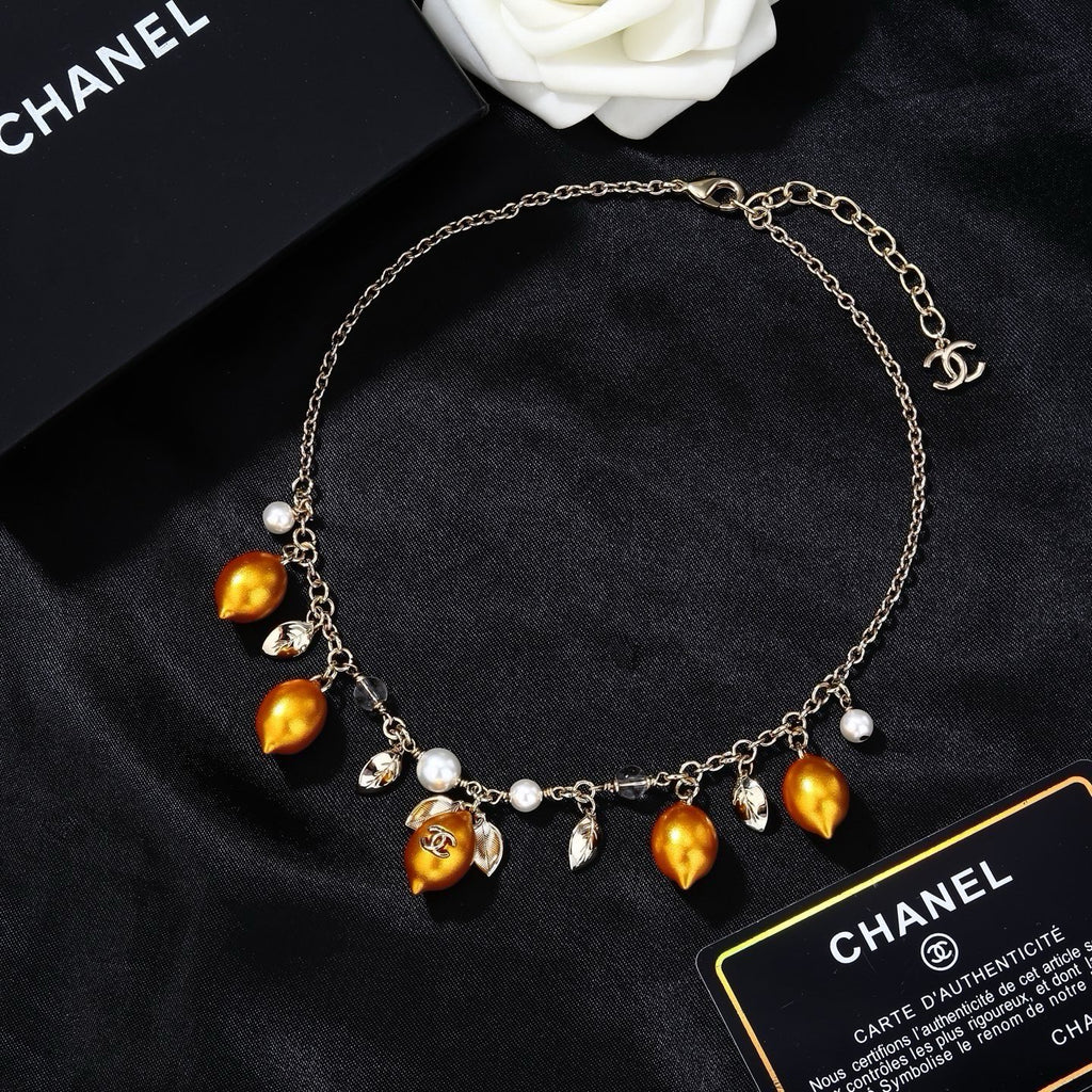 Chanel Mediterranean Matte Gold Lemon Pearl Charm Statement Necklace
