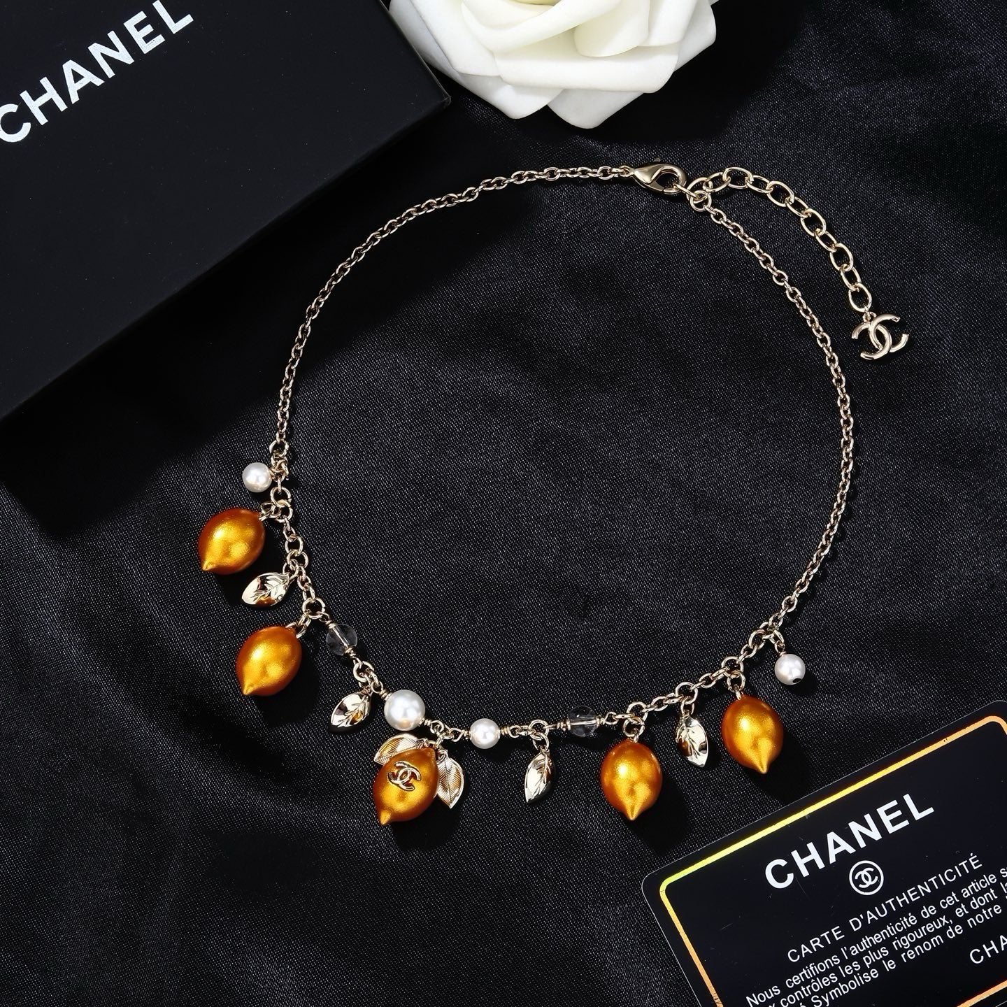 Chanel Mediterranean Matte Gold Lemon Pearl Charm Statement Necklace