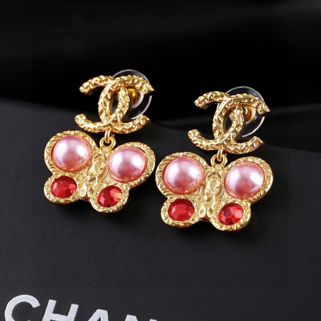 Chanel Vintage Gold Pink Pearl Ruby Crystal Butterfly Drop Earrings