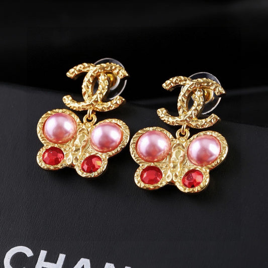 Chanel Vintage Gold Pink Pearl Ruby Crystal Butterfly Drop Earrings