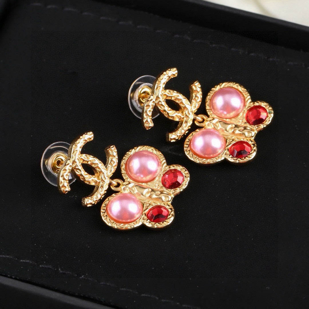 Chanel Vintage Gold Pink Pearl Ruby Crystal Butterfly Drop Earrings