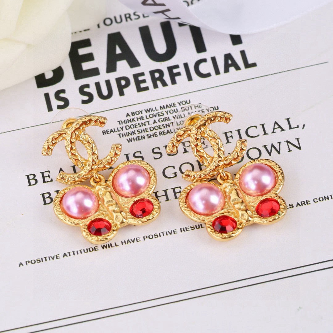 Chanel Vintage Gold Pink Pearl Ruby Crystal Butterfly Drop Earrings