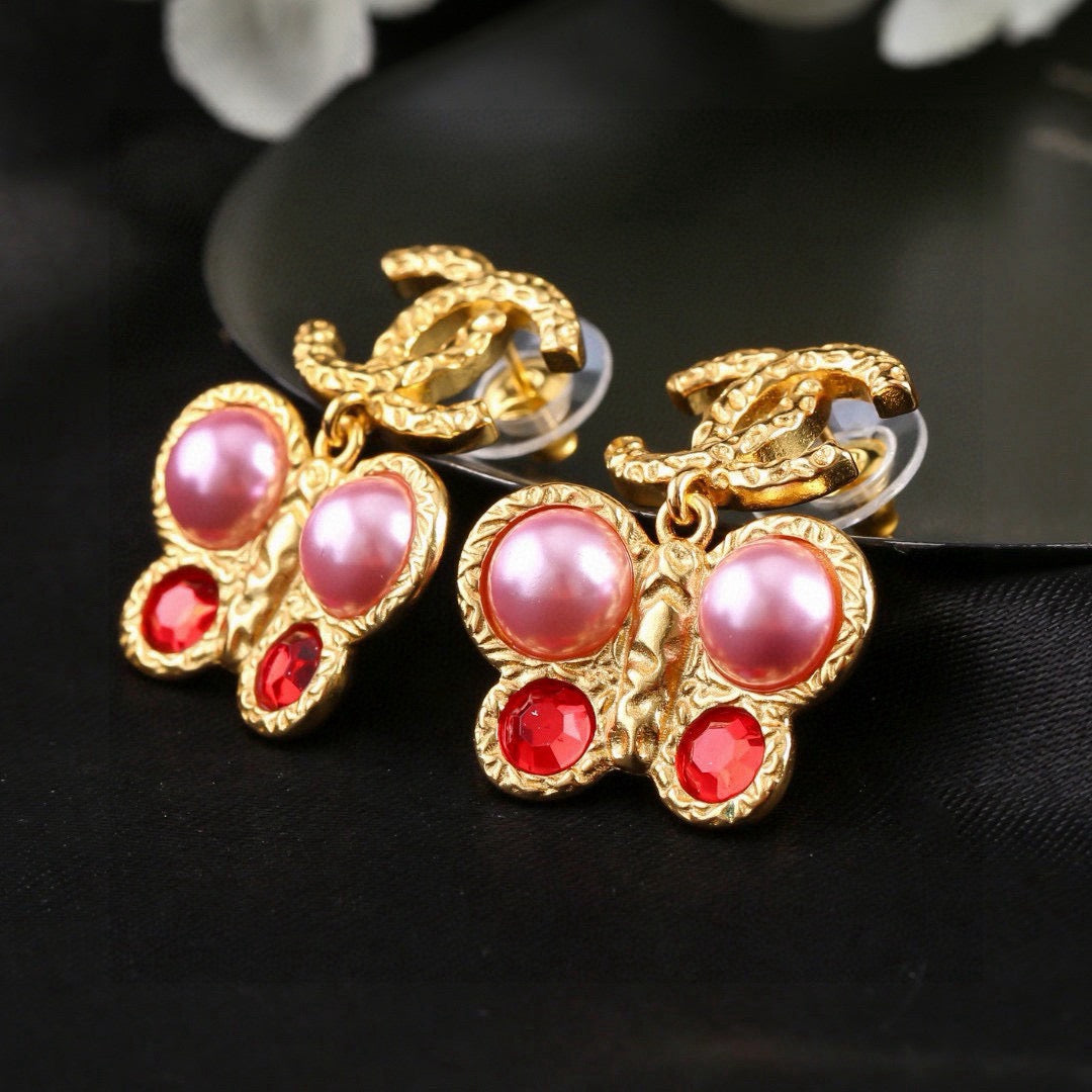 Chanel Vintage Gold Pink Pearl Ruby Crystal Butterfly Drop Earrings