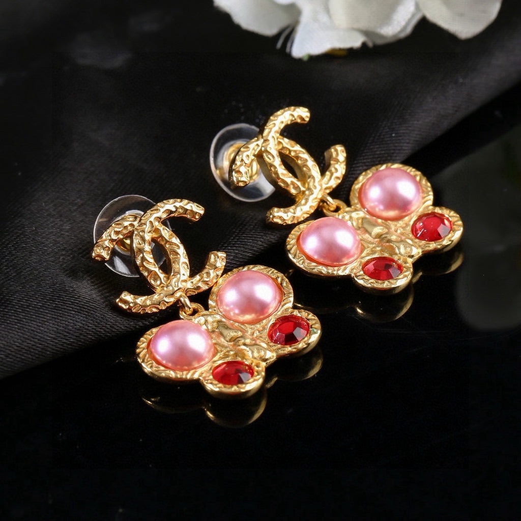 Chanel Vintage Gold Pink Pearl Ruby Crystal Butterfly Drop Earrings