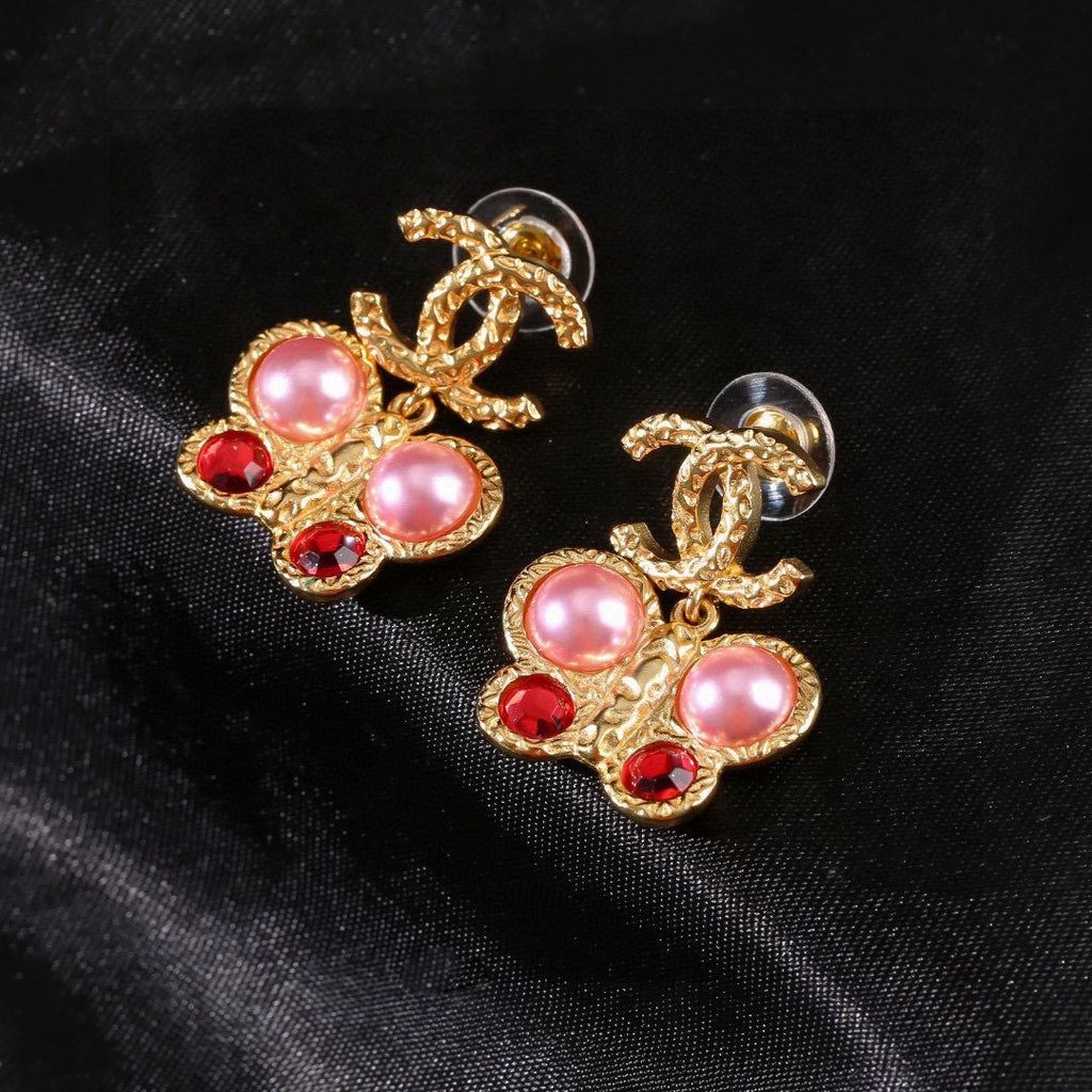 Chanel Vintage Gold Pink Pearl Ruby Crystal Butterfly Drop Earrings