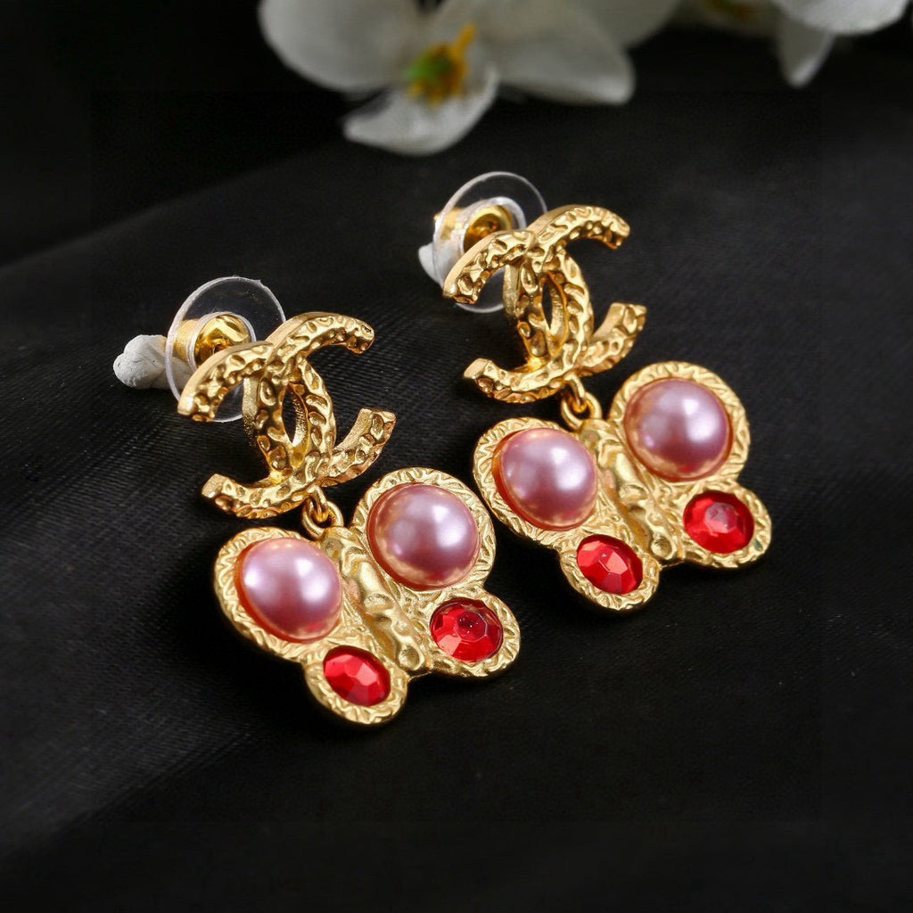 Chanel Vintage Gold Pink Pearl Ruby Crystal Butterfly Drop Earrings