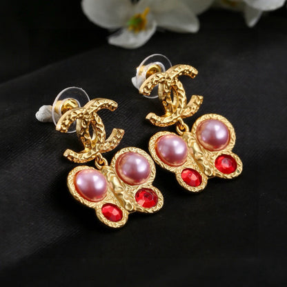 Chanel Vintage Gold Pink Pearl Ruby Crystal Butterfly Drop Earrings
