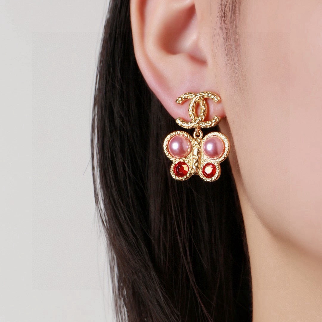 Chanel Vintage Gold Pink Pearl Ruby Crystal Butterfly Drop Earrings