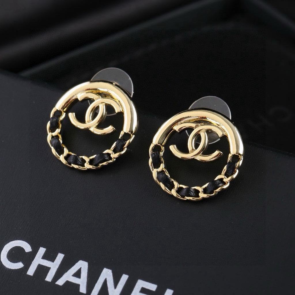 Chanel Classic Double CC Round Leather Interwoven Chain Stud Earrings