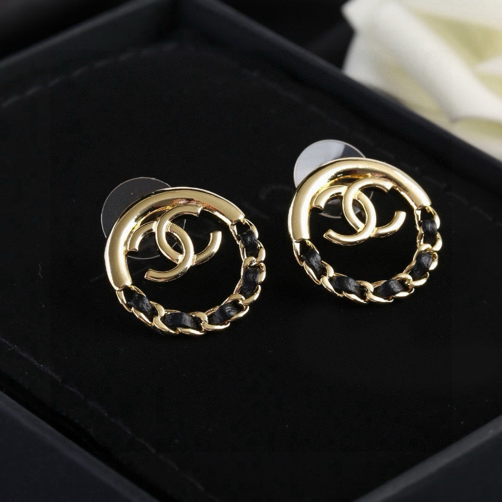Chanel Classic Double CC Round Leather Interwoven Chain Stud Earrings
