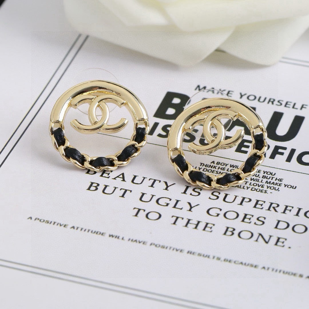 Chanel Classic Double CC Round Leather Interwoven Chain Stud Earrings