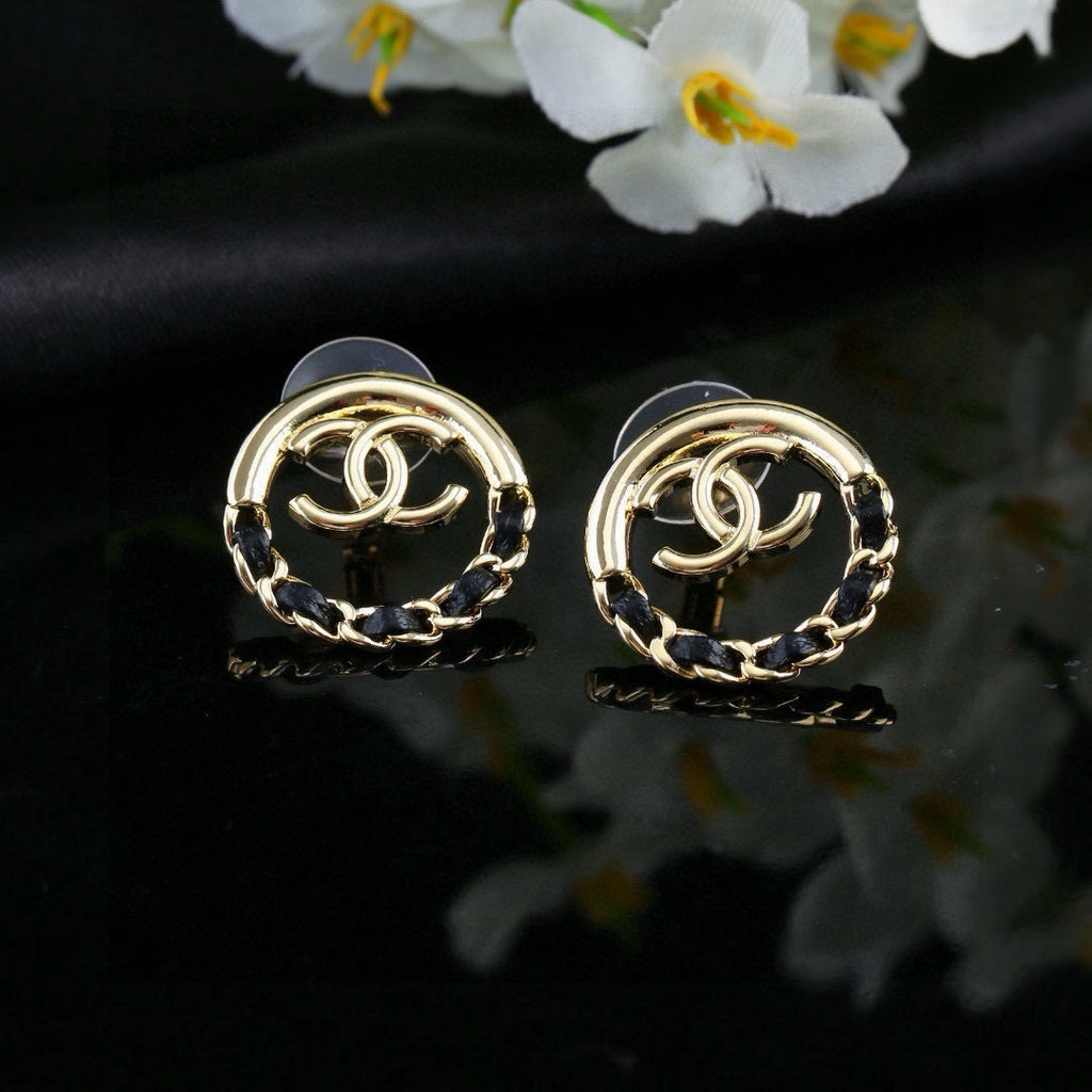 Chanel Classic Double CC Round Leather Interwoven Chain Stud Earrings