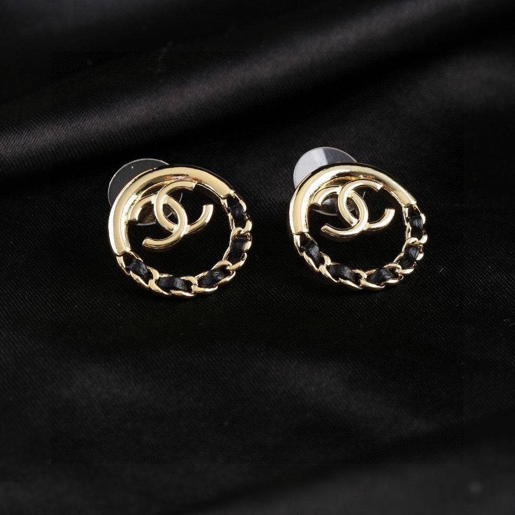 Chanel Classic Double CC Round Leather Interwoven Chain Stud Earrings