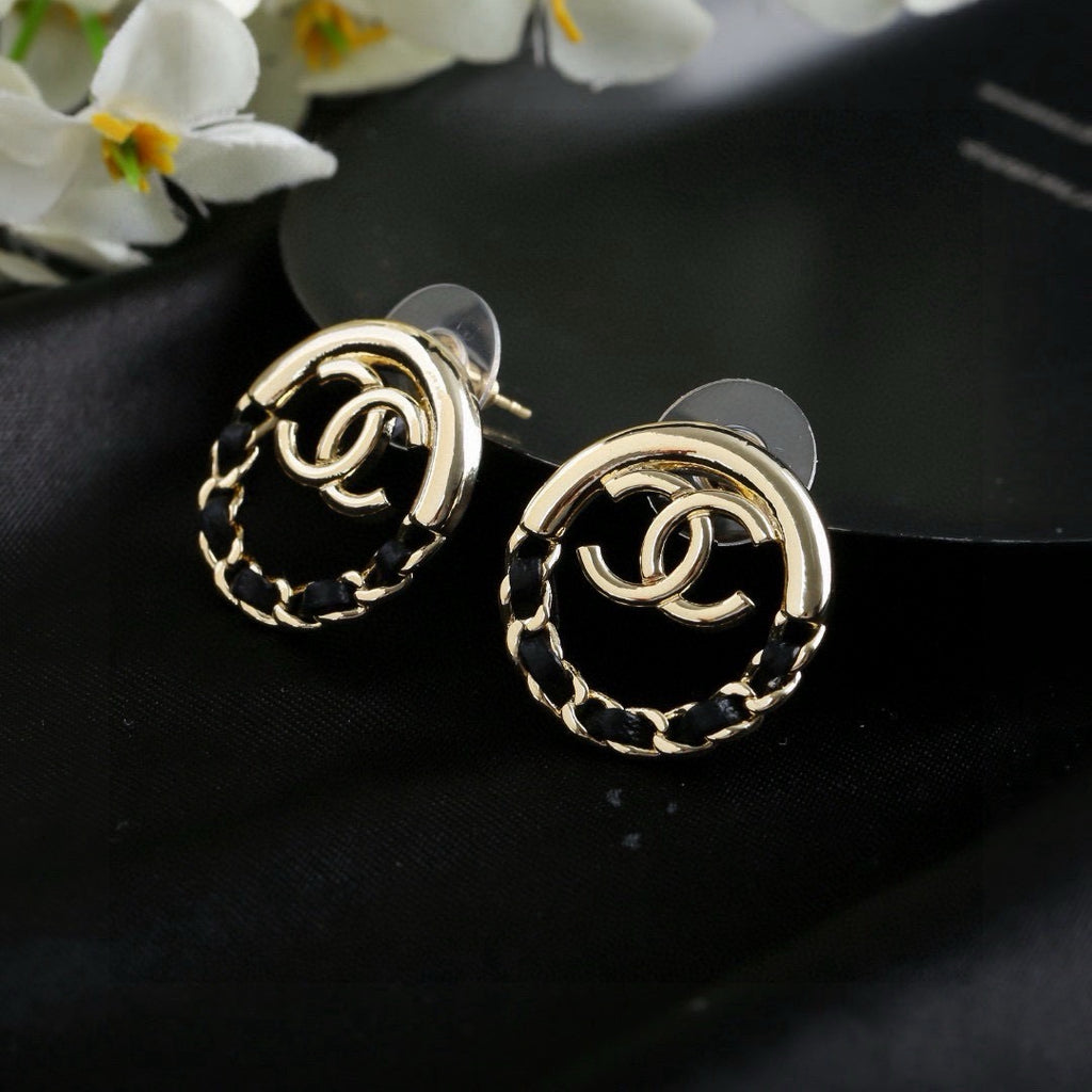 Chanel Classic Double CC Round Leather Interwoven Chain Stud Earrings