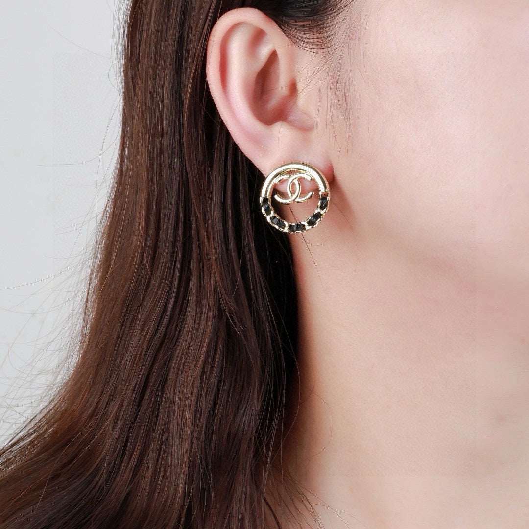Chanel Classic Double CC Round Leather Interwoven Chain Stud Earrings