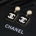 Chanel Classic Pearl Monochrome Black Enamel Square CC Drop Earrings