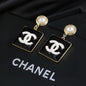 Chanel Classic Pearl Monochrome Black Enamel Square CC Drop Earrings